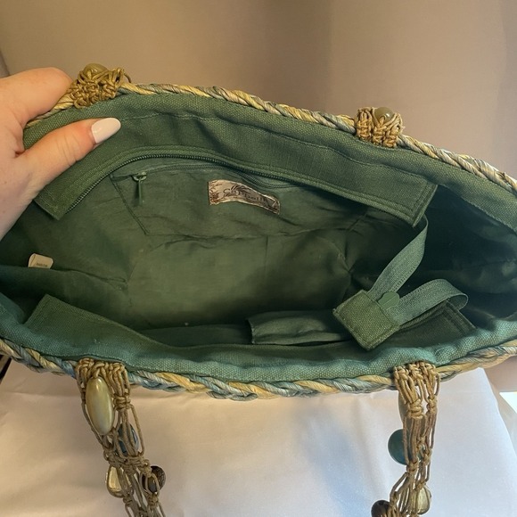 Cappelli Straworld Inc Beaded Strap Green Cornhusk Woven Tote Bag Purse Handbag - Picture 7 of 13